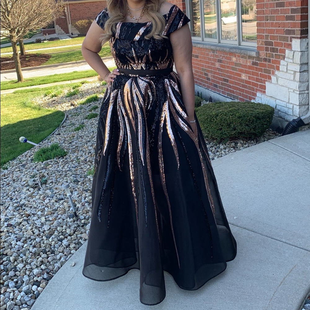 Custom couture evening gown gold and black